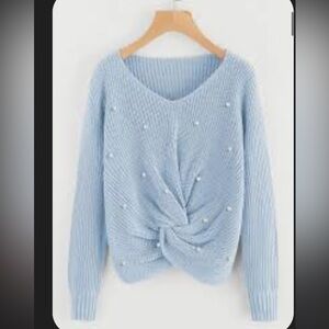 Women's Blue Sweater with Pearl Accents